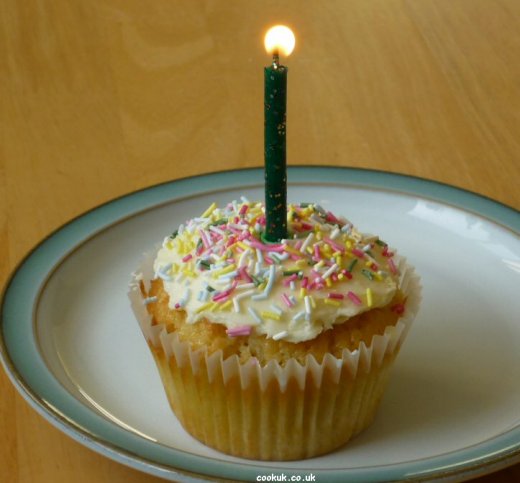 Cupcake, icing and single candle