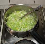 Leek sauteing in butter. Click picture to enlarge.
