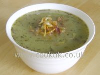 Pea soup topped with fried onions