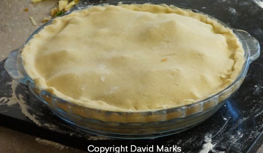 Crimped edges of uncooked apple pie