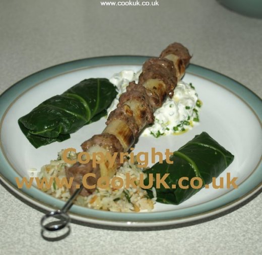 Beef and Leek Kebabs with Dolmades and Tzatziki