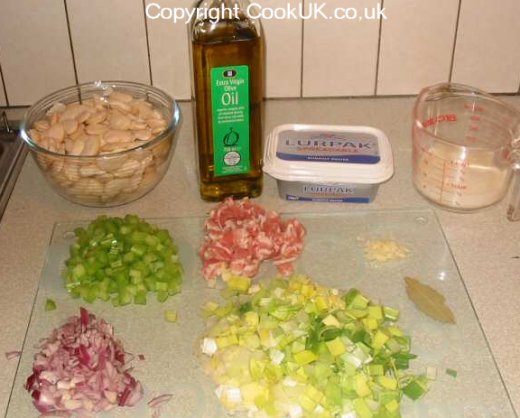 Ingredients for Butter Bean, Leek and Bacon soup