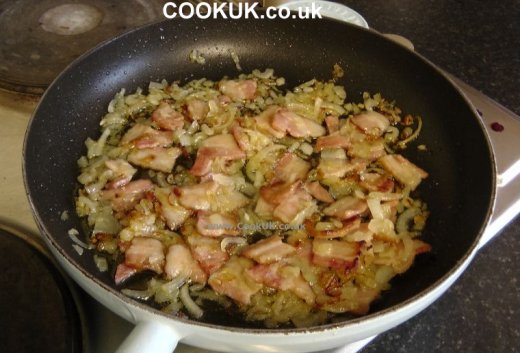 Frying bacon and onion for Chickpea Soup