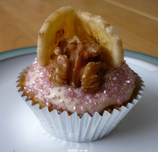 banana crisps and wwalnut topped cupcake