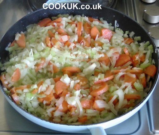 Frying vegetables for Lentil and Ham Soup