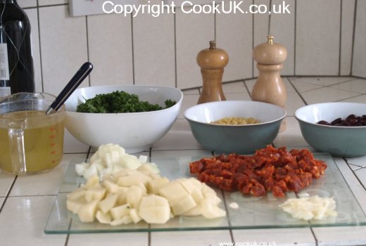 Prepared ingredients for Kale and Chorizo Soup
