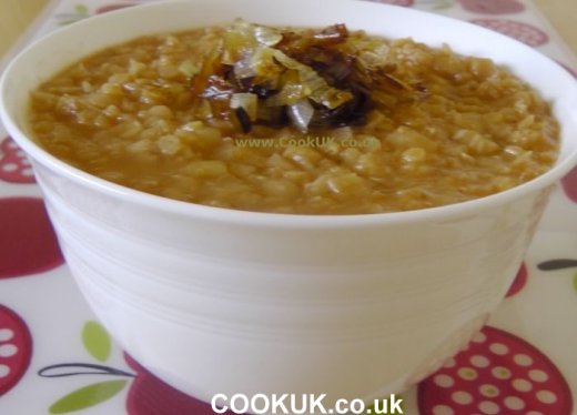 Leek and Lentil Soup served with leek topping