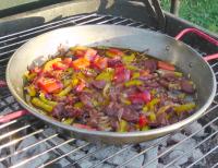Frying peppers, onions and chorizo