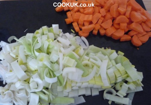 Chopped carrots and leeks