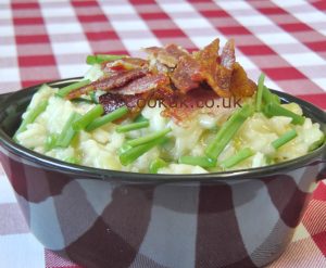 Bacon and leek risotto in a bowl