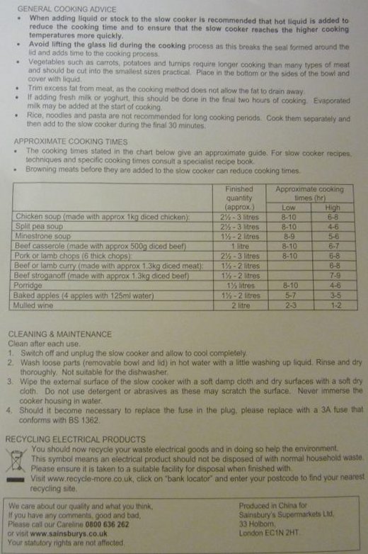 Page 4 of Sainsbury's 123677151 4.5 litre Slow Cooker manual